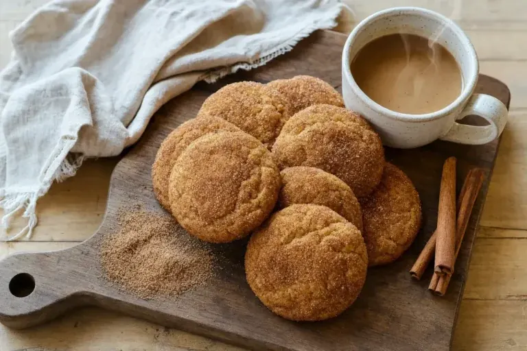 Overhead view of stacked pumpkin spice cookies with cinnamon sugar coating served alongside a warm cup of spiced tea