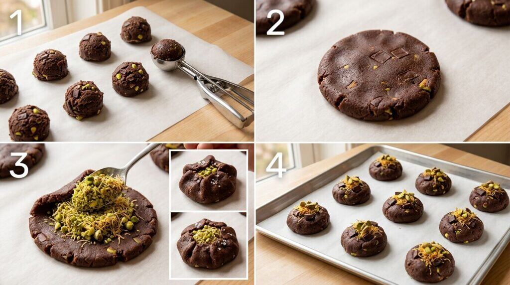 Four steps for shaping and filling Dubai chocolate cookies with pistachio kataifi filling