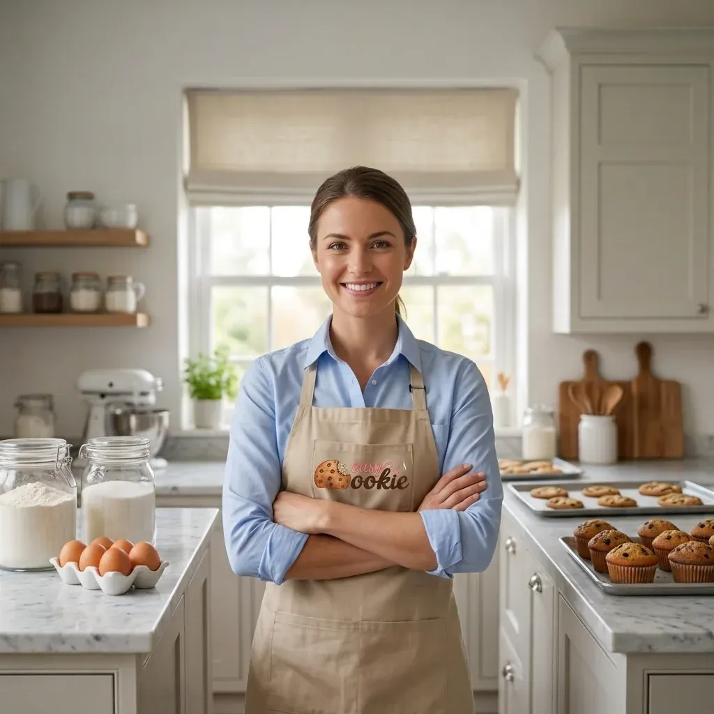 Sofia, the baker behind Easy Cookie, smiling in a bright kitchen with trays of chocolate chip cookies and muffins