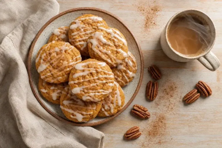 Overhead shot of glazed soft pumpkin cookies stacked on a plate beside a warm cup of coffee