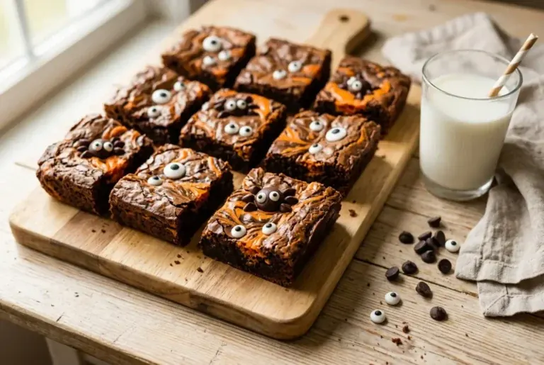 Overhead shot of spooky swirled squares showing off creative Halloween brownie ideas with candy eyes and a glass of milk