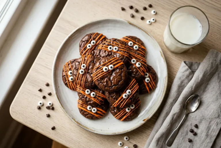 Overhead view of fudgy Halloween chocolate cookies topped with candy eyes served beside a glass of milk