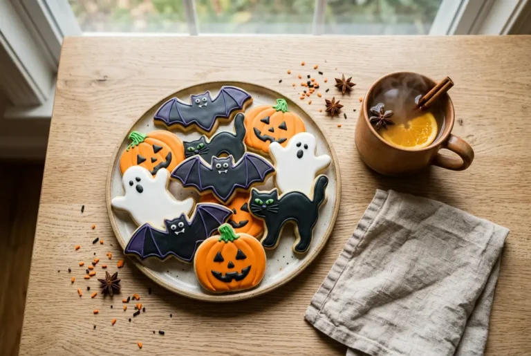 Overhead view of decorated Halloween sugar cookies shaped like bats and pumpkins served with a cup of apple cider