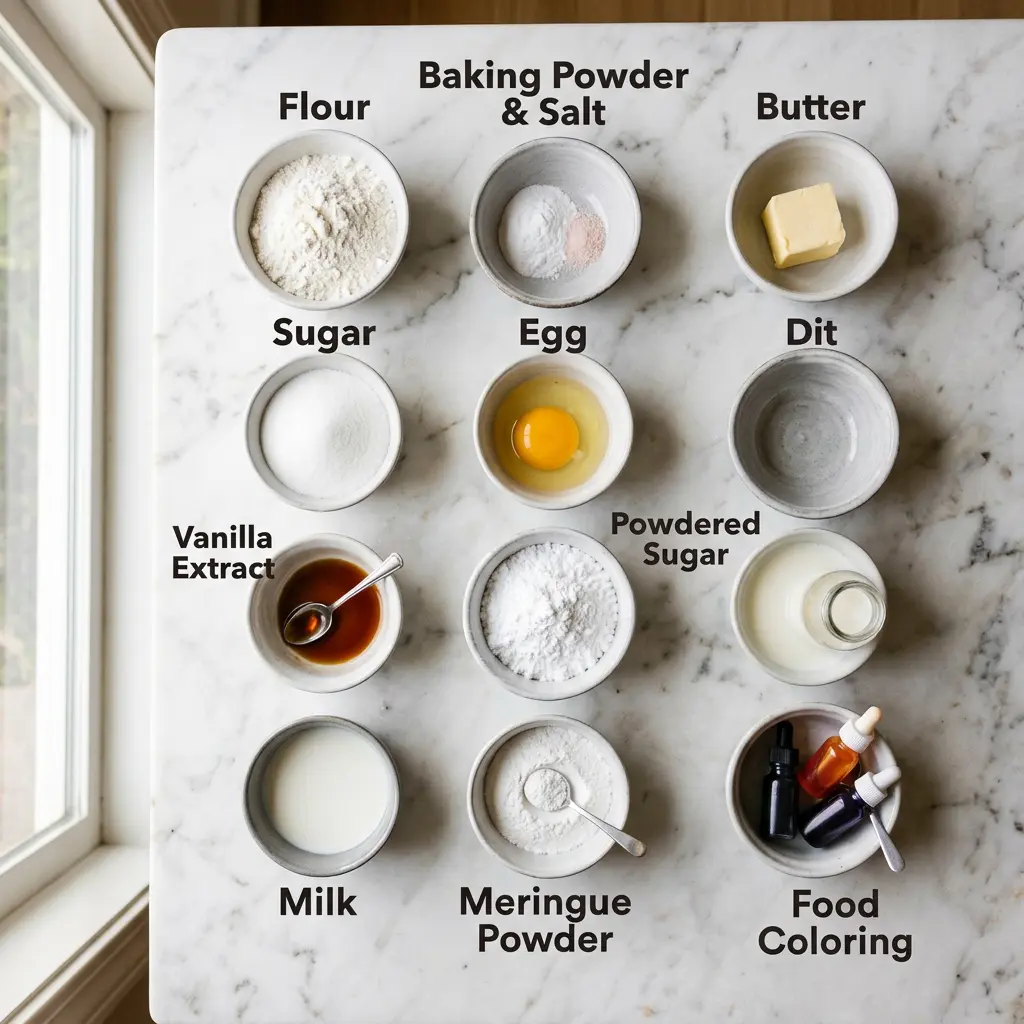 Flat lay of labeled ingredient bowls for Halloween sugar cookies including flour, butter, sugar, and food coloring
