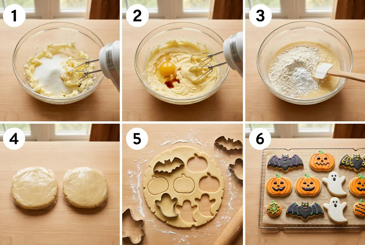 Six-panel grid showing how to make Halloween sugar cookies from mixing dough to decorating the finished shapes