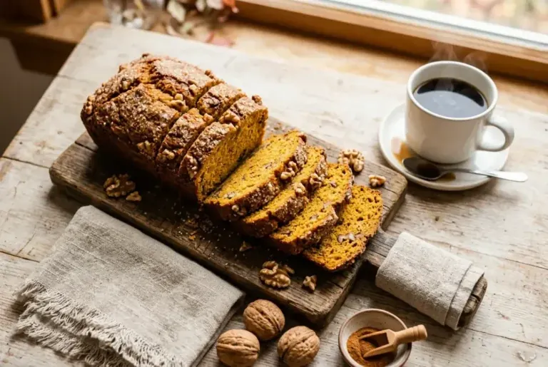 Sliced pumpkin bread loaf with a crackly golden top and moist crumb, served beside a steaming cup of coffee.