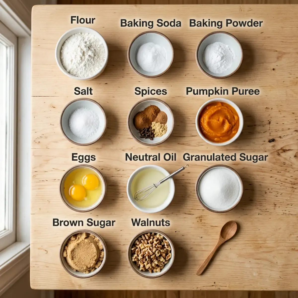 Flat lay of labeled bowls holding flour, pumpkin puree, eggs, sugar, and spices for pumpkin bread.