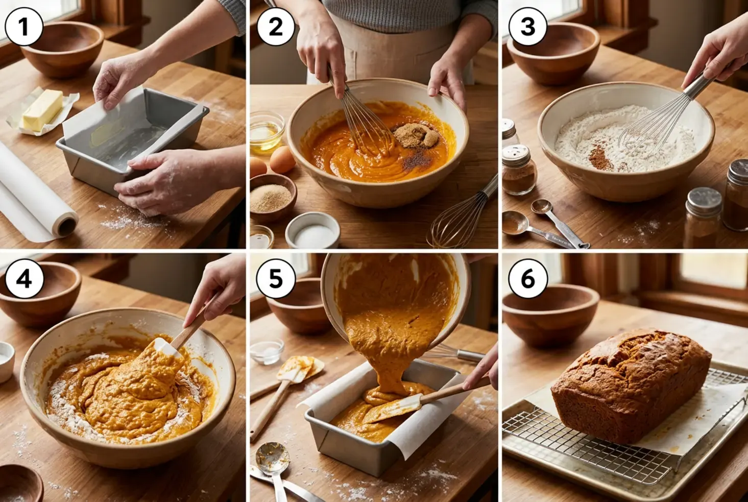Six-panel grid showing how to make pumpkin bread, from mixing batter to the finished golden loaf cooling.