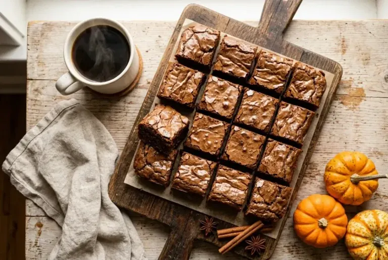Overhead shot of fudgy pumpkin brownies stacked on a wooden board beside a cup of coffee and cinnamon sticks.
