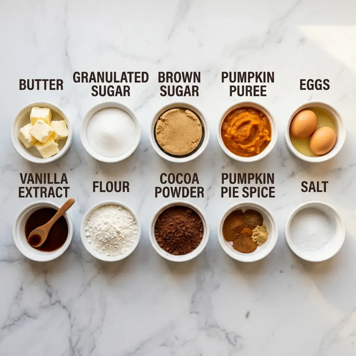 Flat lay of labeled ingredient bowls for pumpkin brownies including pumpkin puree, cocoa powder, butter, and warm spices.