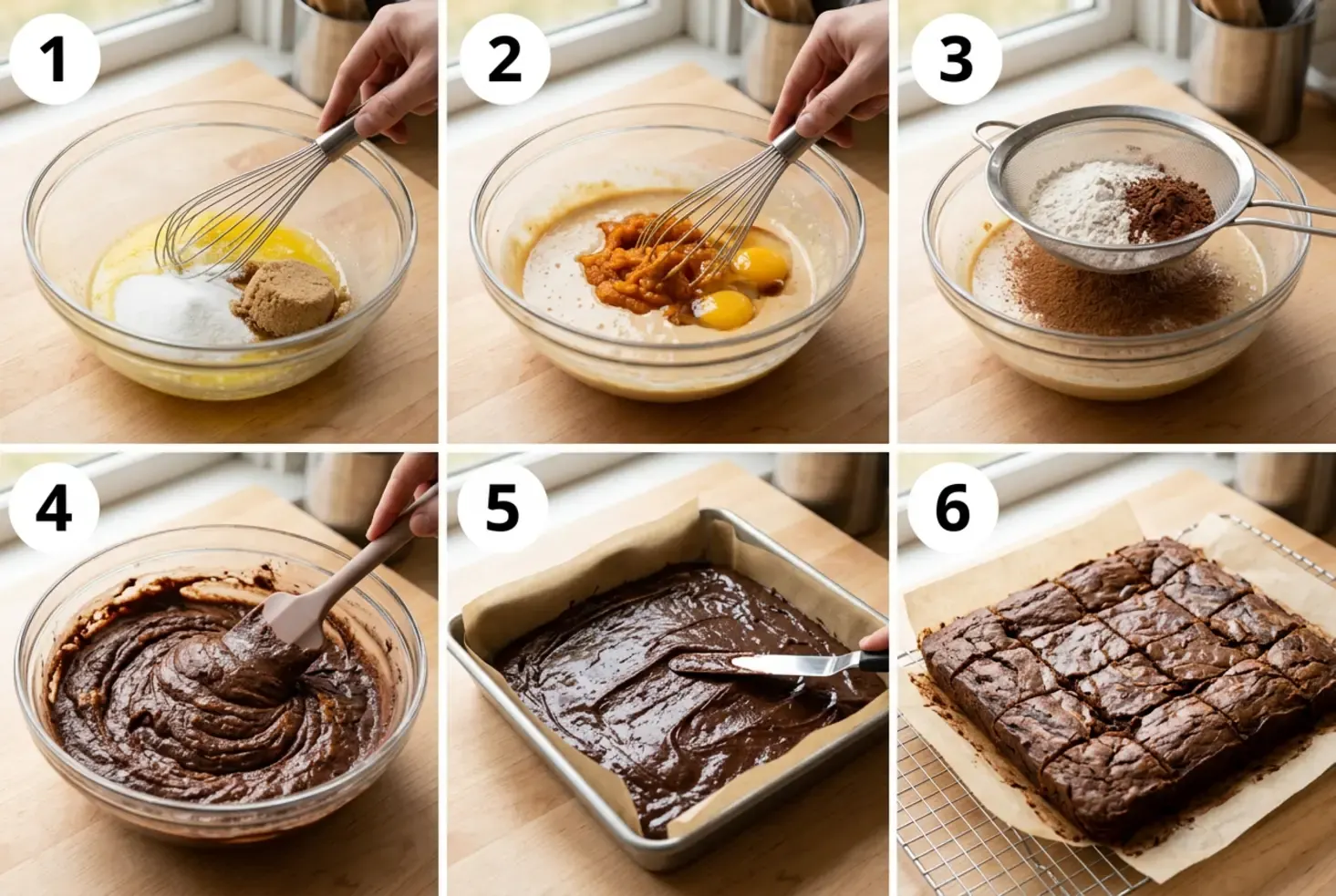 Six-panel step-by-step grid showing how to make pumpkin brownies, from mixing batter to slicing the finished squares.