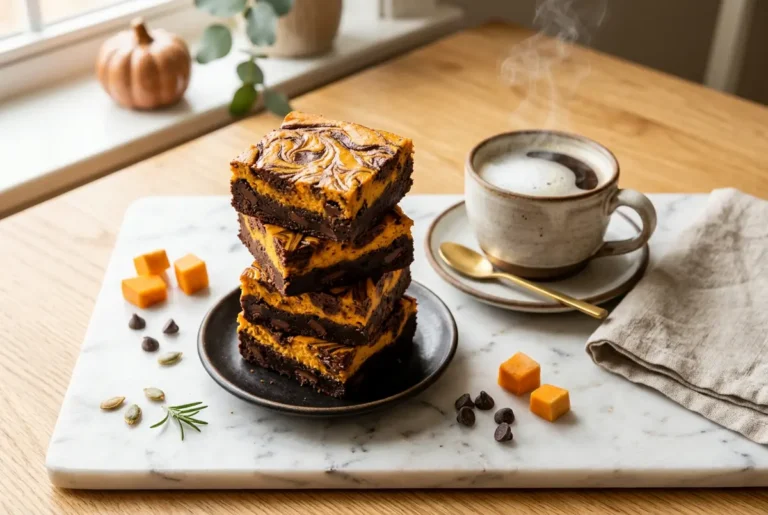 Stacked pumpkin cheesecake brownies with marbled swirl top served beside a steaming cup of coffee on marble.
