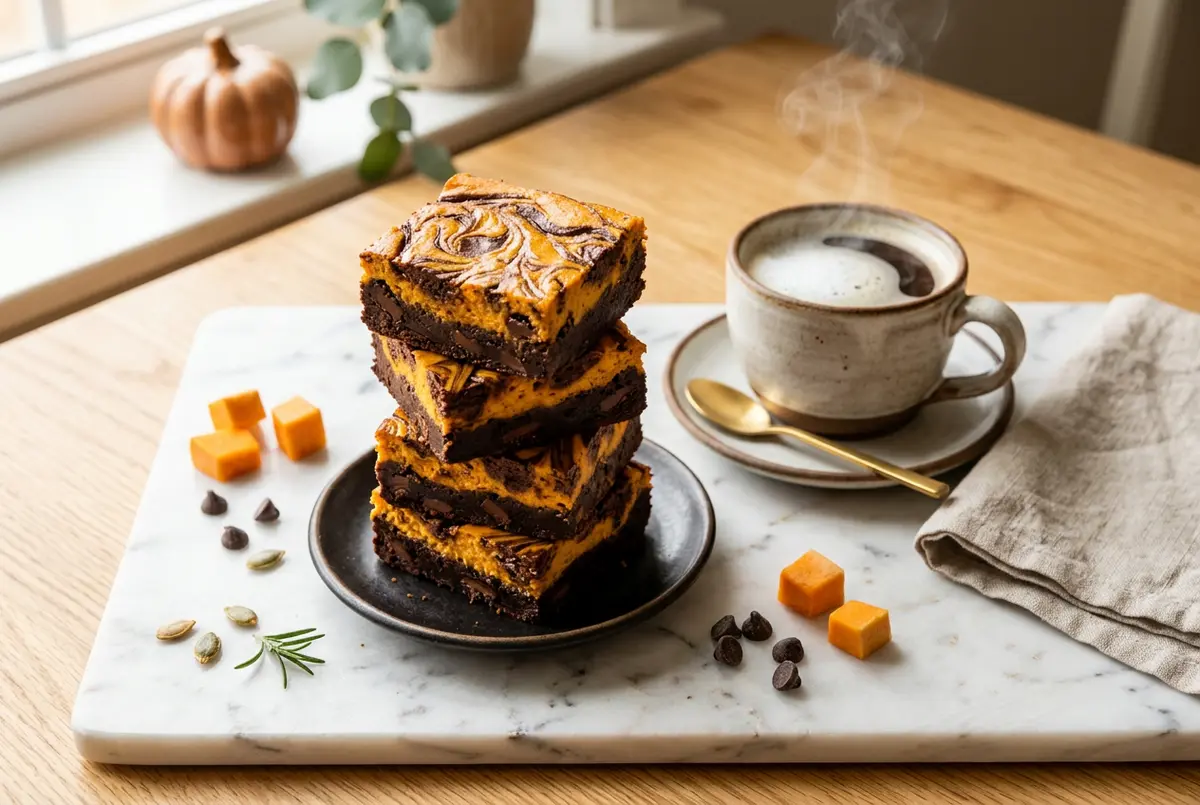 Stacked pumpkin cheesecake brownies with marbled swirl top served beside a steaming cup of coffee on marble.