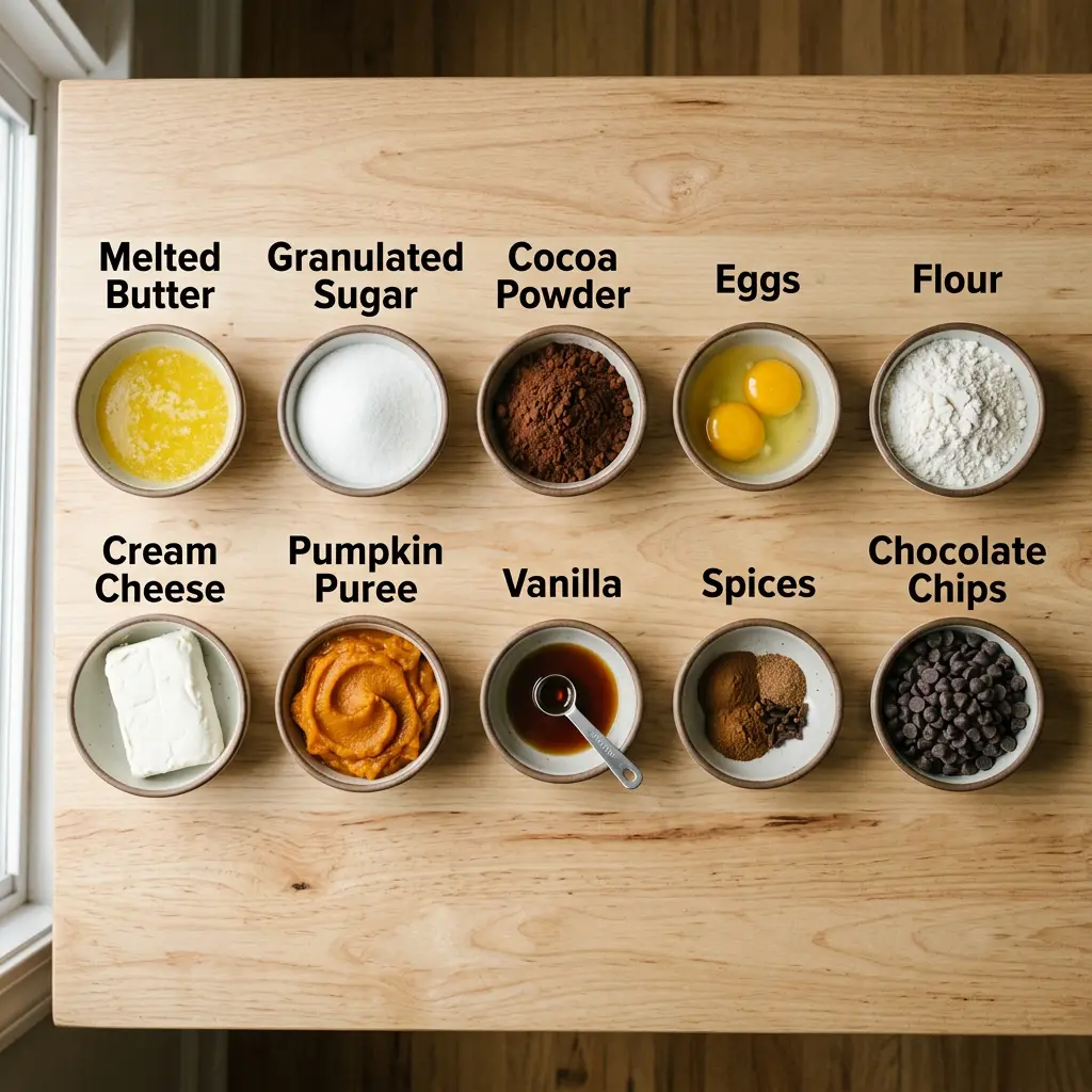 Flat lay of labeled ingredient bowls including pumpkin puree and cream cheese for pumpkin cheesecake brownies recipe.
