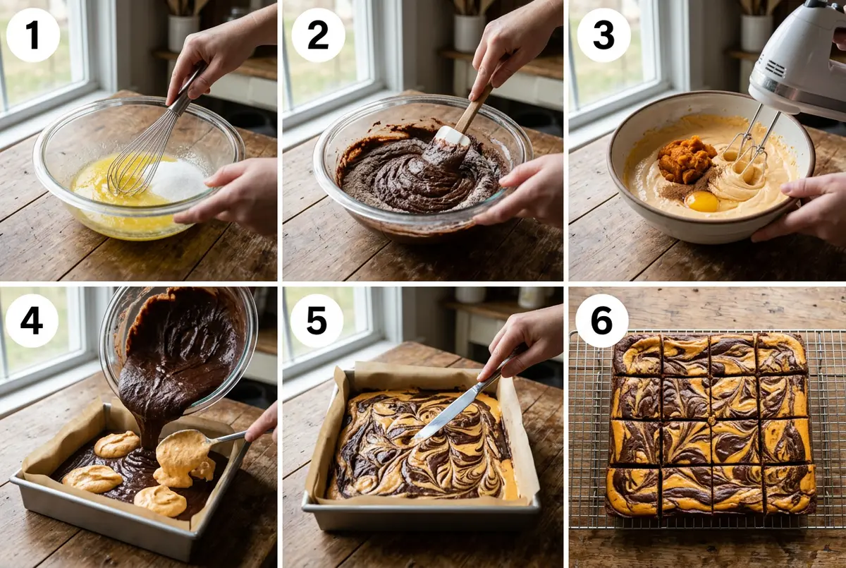 Six-panel grid showing how to mix, swirl, and bake pumpkin cheesecake brownies from batter to finished slices.